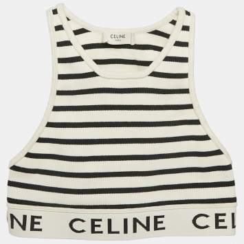 Pre Owned Celine White/Black Striped Rib Knit Tank Crop Top XS