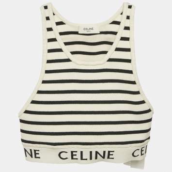 Pre Owned Celine White Striped Stretch Knit Crop Top S