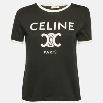 Pre Owned Celine Black Logo Print Cotton Crew Neck T-Shirt L