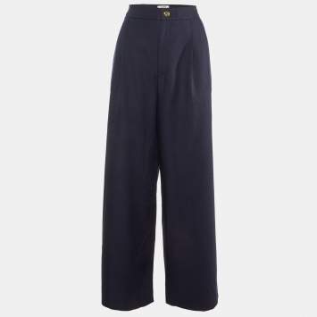 Celine Navy Blue Wool Gabardine Pleated Wide Leg Pants L