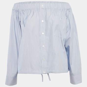 Pre Owned Celine Blue Striped Cotton Off-Shoulder Blouse S