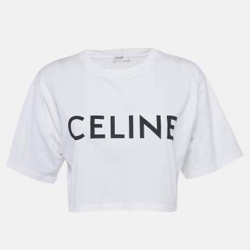 Pre Owned Celine White Logo Print Cotton Knit Crew Neck Crop Top S