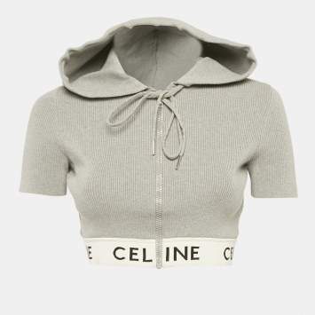 Pre Owned Celine Grey Stretch knit Hooded Crop Top M