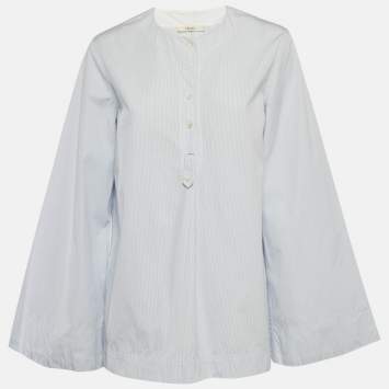 Pre Owned Celine Blue Striped Cotton Long Sleeve Top M