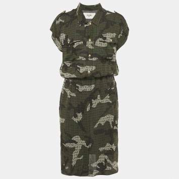 Celine Black Camouflage Logo Print Georgette Midi Shirt Dress M