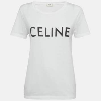 Pre Owned Celine White Logo Print Cotton T-Shirt M