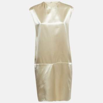 Pre Owned Celine Cream Satin V-Neck Raw-Edge Detail Knee-Length Dress L
