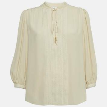Pre Owned Celine Cream Crepe Silk Blend Lace & Neck Tie Detail Blouse S 