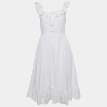 Pre Owned Celine White Cotton Floral Eyelet Frill Detail Midi Dress S