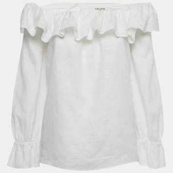 Pre Owned Celine White Cotton & Ramie Eyelet Frill Detail Prairie Blouse M