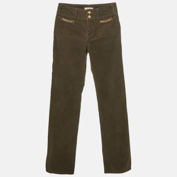 Pre Owned بنطلون جينز سيلين كوردروي أخضر بتفاصيل تريونفه بحجم صغير/خصر 25 بوصة