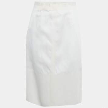 Pre Owned Celine White Cotton Structured Midi Skirt M