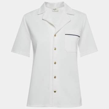 Pre Owned قميص سيلين قطني أبيض بأزرار وأكمام قصيرة مقاس صغير (سمول)