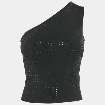 Pre Owned Celine Black Rhinestone Stretch Knit One Shoulder Top S