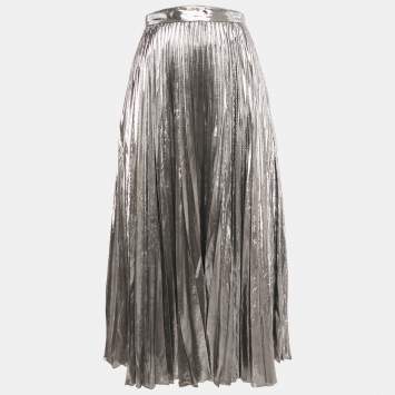 Pre Owned Celine Silver Lamé Plisse Midi Skirt M