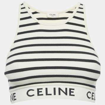 Pre Owned Celine White/Black Striped Rib Knit Tank Crop Top S