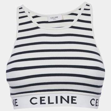 مملوكة مسبقًا Celine White Striped Rib Knit Crop Tank Top S