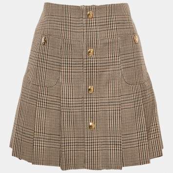 مملوكة مسبقًا Celine Brown Checks Linen Pleated Bandeau Mini Skirt S