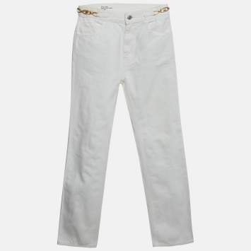 Pre Owned Celine White Denim Logo Detail Straight Leg Jeans S/Waist 24"