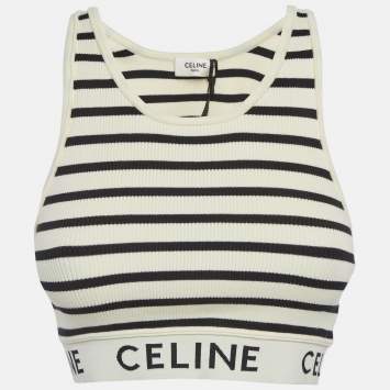Pre Owned Celine White Striped Rib Knit Crop Tank Top M