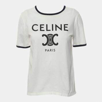 مملوكة مسبقًا Celine White Cotton Triomphe Printed T-Shirt