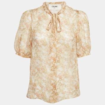 مملوكة مسبقًا Celine Yellow Floral Print Silk Short Sleeve Shirt S