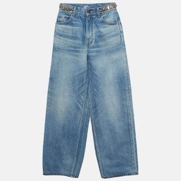 Pre Owned Celine Blue Denim Chain Embellished Wide Leg Jeans S /Waist 24"