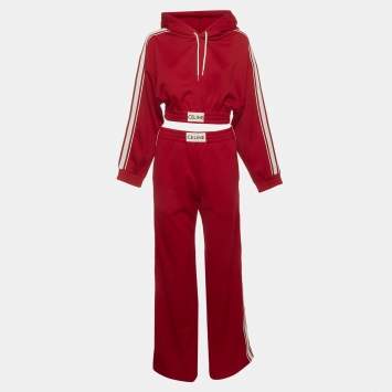 Pre Owned Celine Red Jersey Logo & Side Striped Cropped Hoodie & Joggers Set M/L