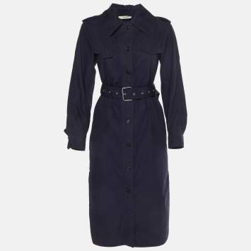 Pre Owned Celine Navy Blue Cotton Button Front Belted Trench Coat S