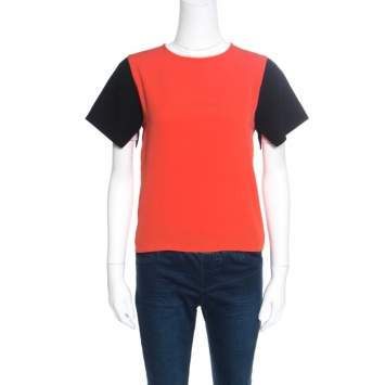 Pre Owned Celine Orange Contrast Sleeve Crepe Top M
