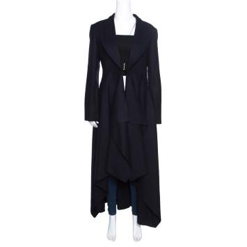 Pre Owned Celine Navy Blue Wool Buckle Detail Draped Long Coat L