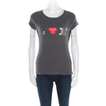 Pre Owned Celine Grey Embellished Cotton Short Sleeve T-Shirt M