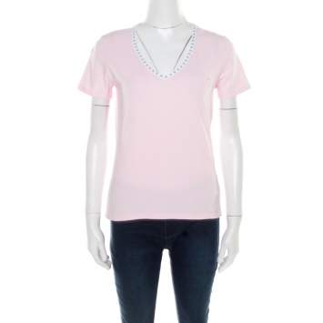 Pre Owned Celine Pink Jersey Blazon Chaine Logo Embroidered Contrast Trim T-Shirt L