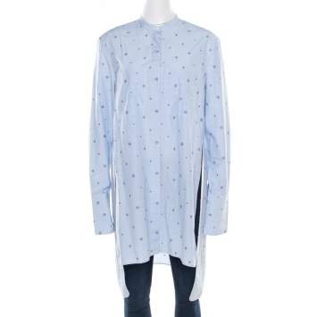 Pre Owned Celine Blue and White Striped Embroidered Cotton High Low Tunic M
