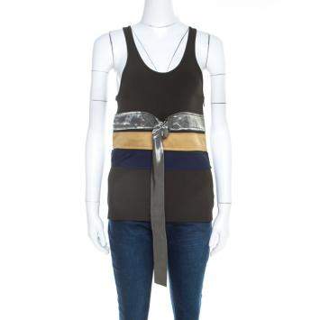 Pre Owned Celine Olive Green Knit Satin Belt Trim  Racer Back Tank Top S