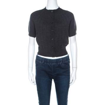 Pre Owned Celine Charcoal Grey Silk & Cashmere Blend Front Button Short Sleeve Cardigan L 