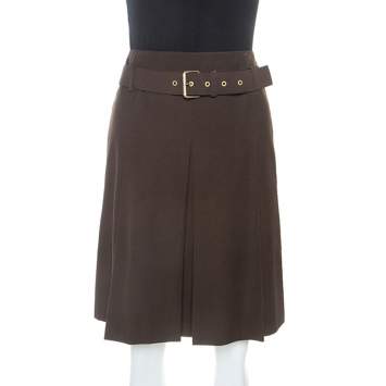 Pre Owned Celine Brown Wool Pleat Detail Belted Skirt S