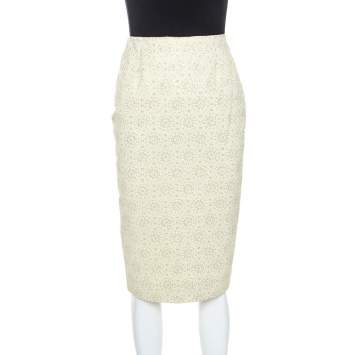 Pre Owned Celine Yellow Stretch Embossed Lurex Jacquard Pencil Skirt S