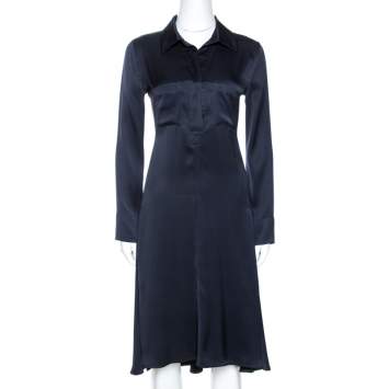 Pre Owned Celine Navy Blue Silk Satin Flared Shirt Dress S