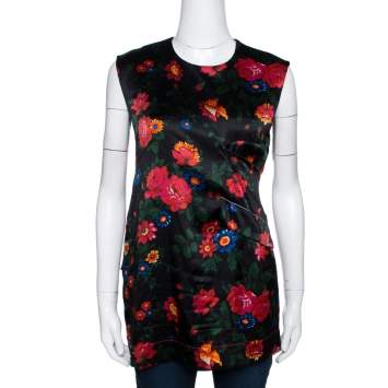 Pre Owned Celine Black Floral Printed Mulberry Silk Draped Detail Sleeveless Top M 