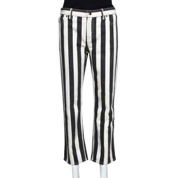 Pre Owned Celine Black Striped Cotton Denim Cropped Pants M