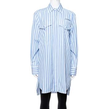 Pre Owned Celine Blue & White Striped Cotton Button Front Tunic S