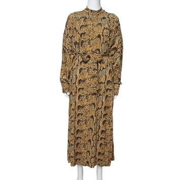 Pre Owned Celine Mustard Snake Print Jersey Belted Maxi Dress S