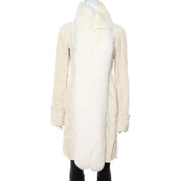 Pre Owned Celine Cream Velvet Fox Fur Lined Coat M