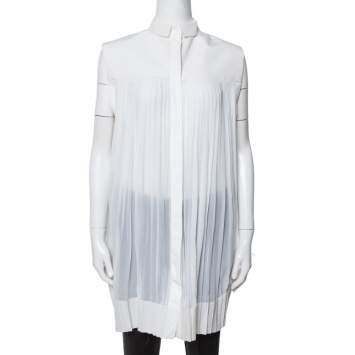 Pre Owned Celine Off White Cotton Pleated High Low Hem Blouse M