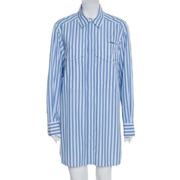 Pre Owned Celine Blue Striped Cotton Patch Pocket Detail Shirt Dress L