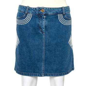 Pre Owned Celine Blue Denim Embroidered Mini Skirt S