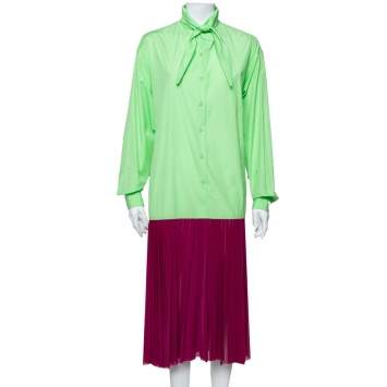 Pre Owned Celine Neon Green & Purple Color Block Reverse Closure Detail Oversized Midi Dress M