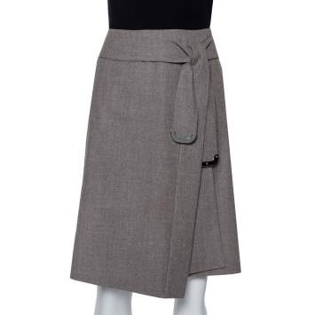 Pre Owned Celine Grey Wool Waist Tie Detail Faux Wrap Asymmetric Hem Skirt M