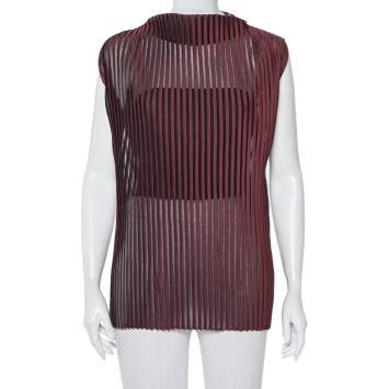 Pre Owned Celine Burgundy Striped Knit Structured Neck Detail Top S